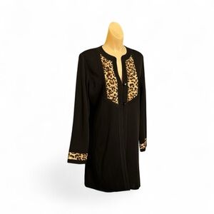 Exclusively Misook Black Leopard Accent Tailored Acrylic Knit Duster Sweater Med